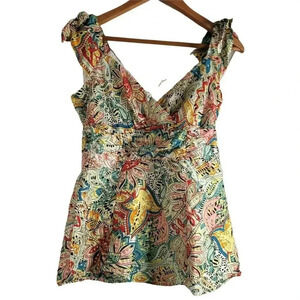 Nanette Lepore size 2 abstract paisley floral blouse V Neck rushed cap sleeve